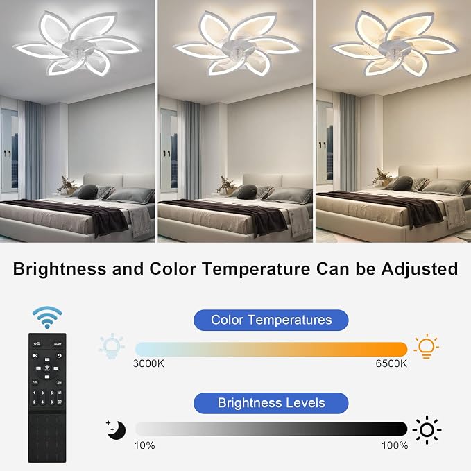 30" Geometric Ceiling Fan with Light Remote Control, 6 Speeds 3 Colors, White Low Profile Flush Mount Ceiling Fan for Kitchen Bedroom Living Room