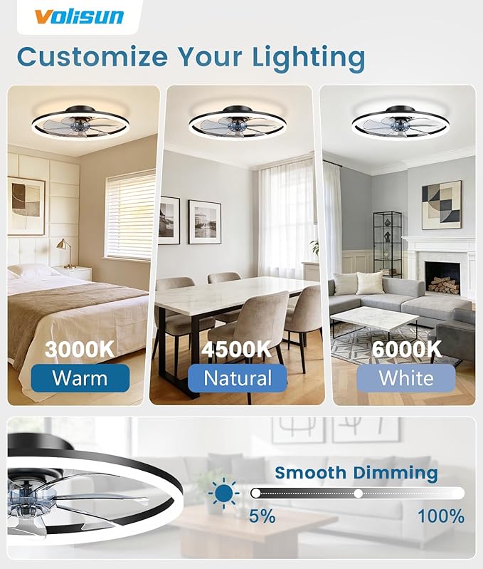 VOLISUN Low Profile Ceiling Fans with Light and Remote, No Assembly, 20in Fandelier Ceiling Fan with Lights, 3000K-6500K Dimmable Flush Mount LED Fan Light, Black Bladeless Ceiling Fans for Bedroom