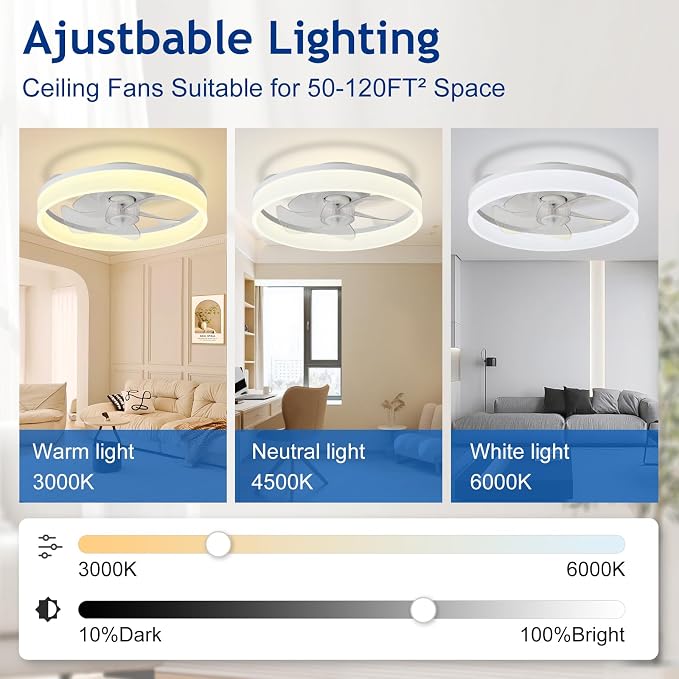 DLLT LED Ceiling Fan with Light: 16" Modern Low Profile Flush Mount Fandelier with App & Remote Control - Dimmable White Bladeless Fan Light Fixture for Bedroom Kids Room Living Room