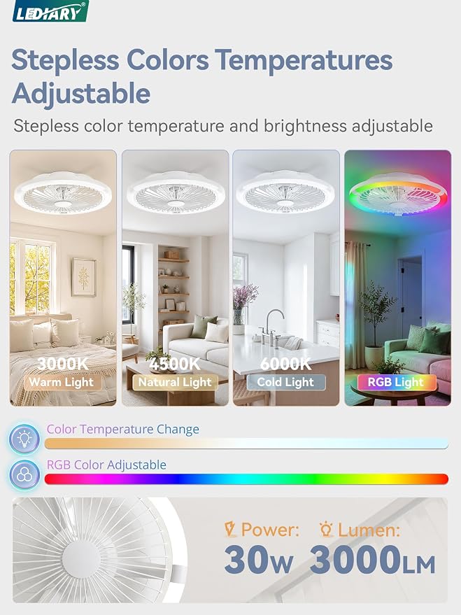 LEDIARY 20" Bladeless Ceiling Fan with Light,Low Profile LED Ceiling Fans with Remote & Smart APP Control, Modern Enclosed Flush Mount Fandelier, 3000-6000K,Bedroom,Kids Room-White RGB