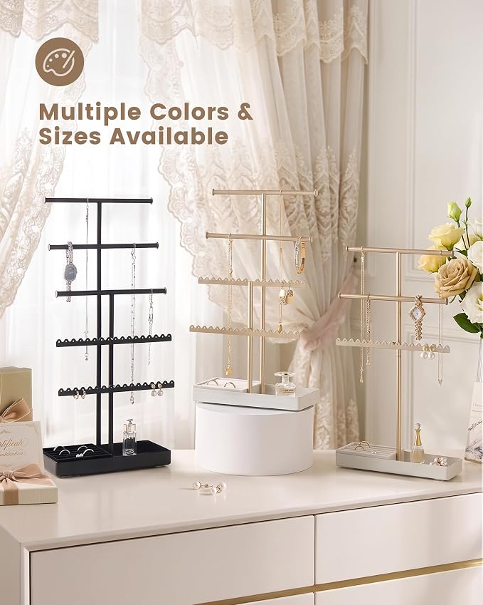 Lolalet 4-Tier Jewelry Organizer Stand, Metal Jewellery Holder, Dresser Display Rack for Necklace Earring Bracelets Rings, Gift for Women Girls -Gold
