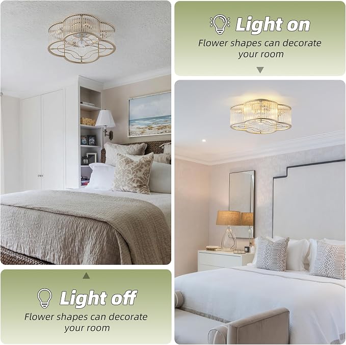 20" Gold Crystal Ceiling Fan with Light, Crystal Flush Mount Ceiling Fan with Light Remote Control, Caged Enclosed with 6 Speeds for Bedroom, Living Room, Foyer, Nursery (Clear)