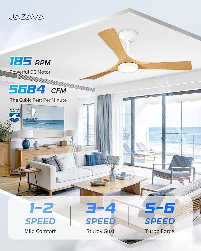 52" Ceiling Fan with Light & Remote, White, ZCCF08WY-52 | White finish, remote, 6 speeds, 3CCT dimmable LED and quiet reversible DC motor for living rooms and covered patios