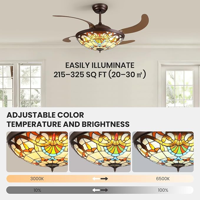 52inch Ceiling Fan Tiffany Style Stained Glass Retractable Ceiling Fans with Remote & Dimmable Light 6-Speed Reversible Motor for Bedroom Dining Room Living Room Kitchen