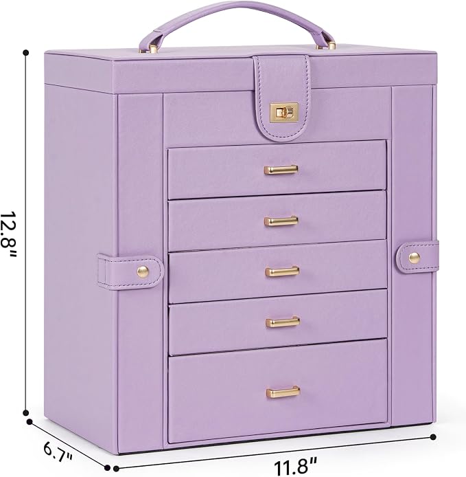 AKOZLIN 6-Tier Jewelry Box Organizer Functional 5 Drawers Leather Jewelry Storage Case for Women Girls Ring Necklace Earring Bracelet Holder Organizer with Mirror Extra Large Violet