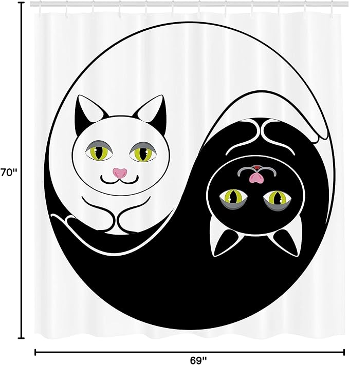 Ambesonne Ying Yang Shower Curtain, Black and White Cuddling Cats in Yin Yang Form Harmony and Balance Kitten, Cloth Fabric Bathroom Decor Set with Hooks, 69" W x 70" L, Black White