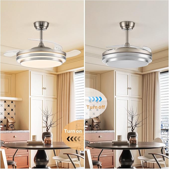 FIDGRA 42 Inch Fandelier Ceiling Fan with Light, Retractable Ceiling Fan with Lights for Bedroom Living Room Dinning Room, Chandelier with Fan 6 Speed, 3 Color Temperature-Brushed Nickel