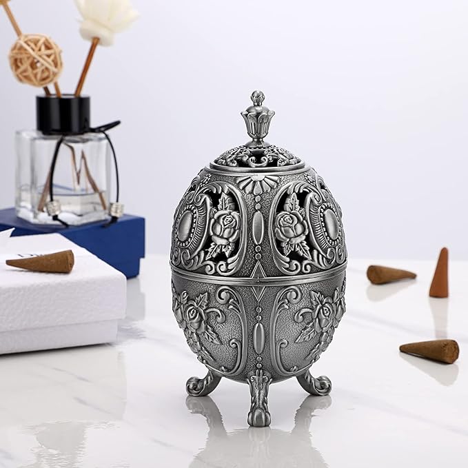 JUXYES Vintage Incense Burner Holder with Removable Ash Catchers, Metal Censer Antique Cone Coil Incense Burner Holder Zinc Alloy Spiritual Aromatherapy Yoga Meditation Gifts Retro Home Decoration