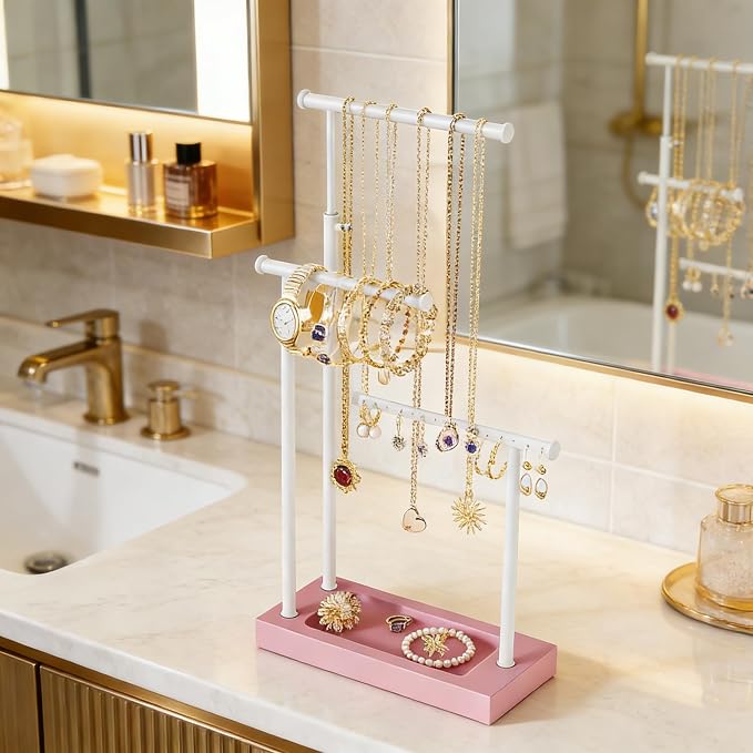 SRIWATANA Pink & White Extra Tall Necklace Holder, Jewelry Display Stand | Sturdy Tall Jewelry Organizer; Chic necklace organizer to Display Long Necklaces, Pendants, Chains Without Tangling