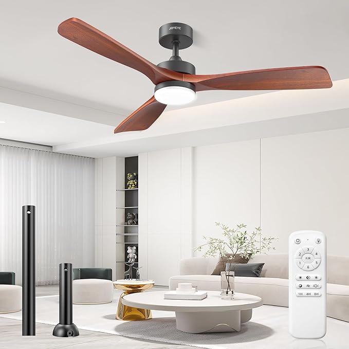 52 Inch Ceiling Fans with Lights and Remote, Solid Wood 3 Blade Modern Ceiling Fan, Quiet DC Motor, 6 Speeds, Dimmable LED, Timer, Indoor & Covered Outdoor Living Room, Bedroom, Patio (Dark Walnut)