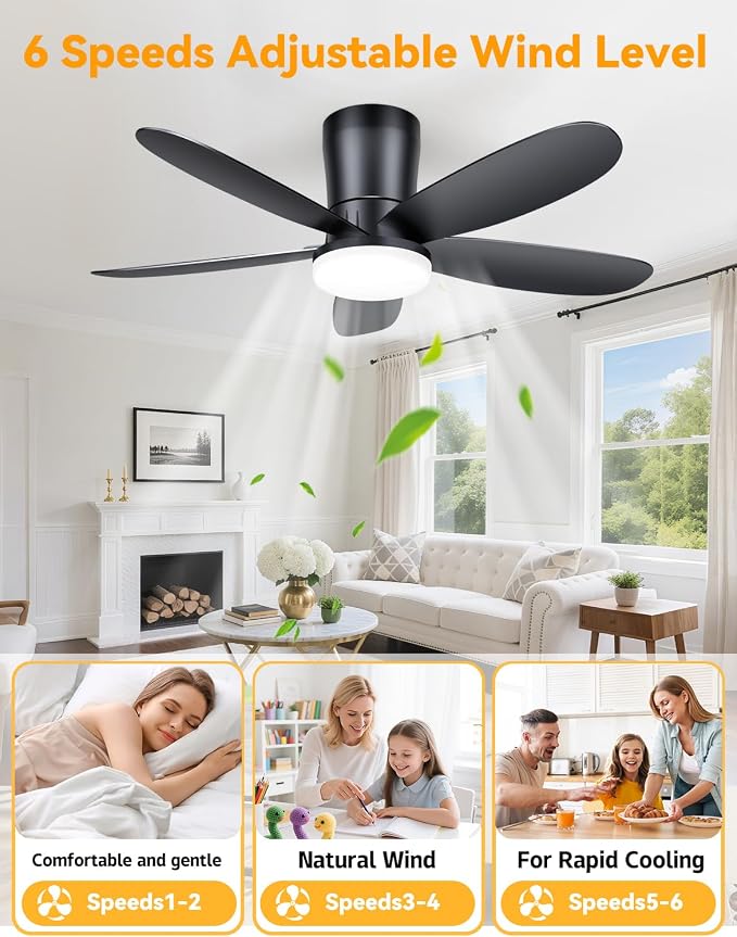 Ceiling Fans with Lights, Low Profile 42-Inch Modern Small Ceiling Fan for Bedroom Indoor Outdoor - Dimmable Fans with Timer Remote Control Flush Mount Reversible 5 Blades 6 Speeds, Black