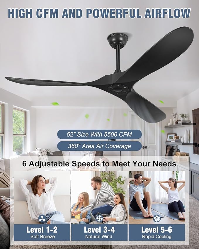 Yahada 52" Ceiling Fan no Light, Wood Ceiling Fans without Lights with Remote Control, 3 Blades, ETL Listed, Timer, 6 Speeds Reversible Quiet DC Motor Outdoor Fan for Patio Bedroom Porch, Matte Black