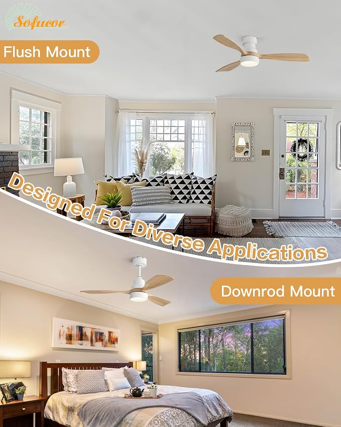 Sofucor 48 Inch Smart Ceiling Fans with Lights-Flush Mount & Downrod Mount Modern Outdoor Ceiling Fans with Alexa/Google Assistant/APP/Remote Control for Bedroom/Farmhouse/Patio, White & Natural Wood