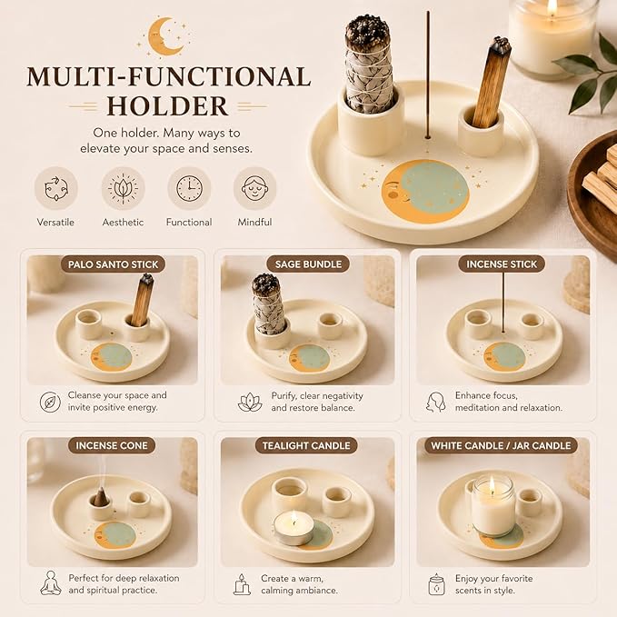 Incense & Palo Santo Holder – 6.5'' Ceramic Sage Burner for Sticks, Bundles, Cones, Candle & Tealight with Ash Catcher – Jewelry Tray, Smudge Pot, Home Décor, Meditation Gift (Yellow Moon)