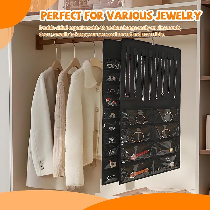48 Pockets Hanging Jewelry Organizer with Necklace Straps, Double-Sided Black Closet Jewelry Holder for Space-Saving Storage of Earrings, Bracelets & Necklaces