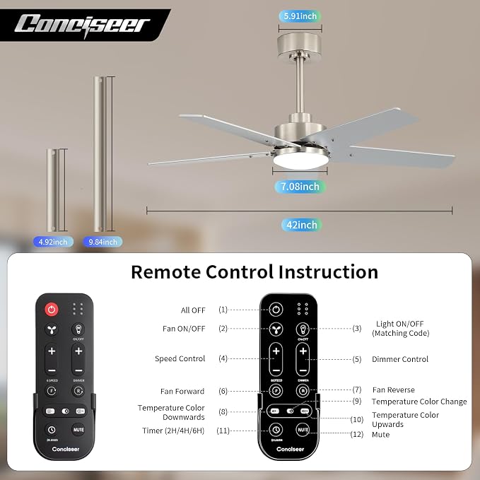 42 Inch Ceiling Fans with Lights and Remote, Bedroom Living Room Kitchen Home Office Indoor/Outdoor, 6CCT Dimmable, Dual Color 5 Blades, 6 Speed Reversible Quiet DC Motor, Sand-nickel/Wood Grain