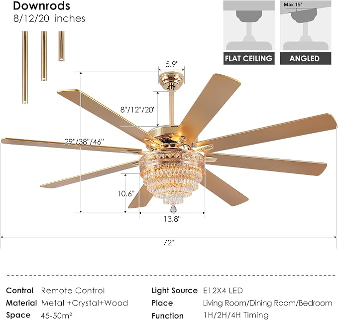 72"Large Golden Crystal Chandelier Ceiling Fans with Lights and Remote/APP | Supports Remote and APP,Reversible 6 Wind Speeds,60W Quiet AC Motor,8 Wooden Blades,4*E12 LED Bulbs Included,for Living Room