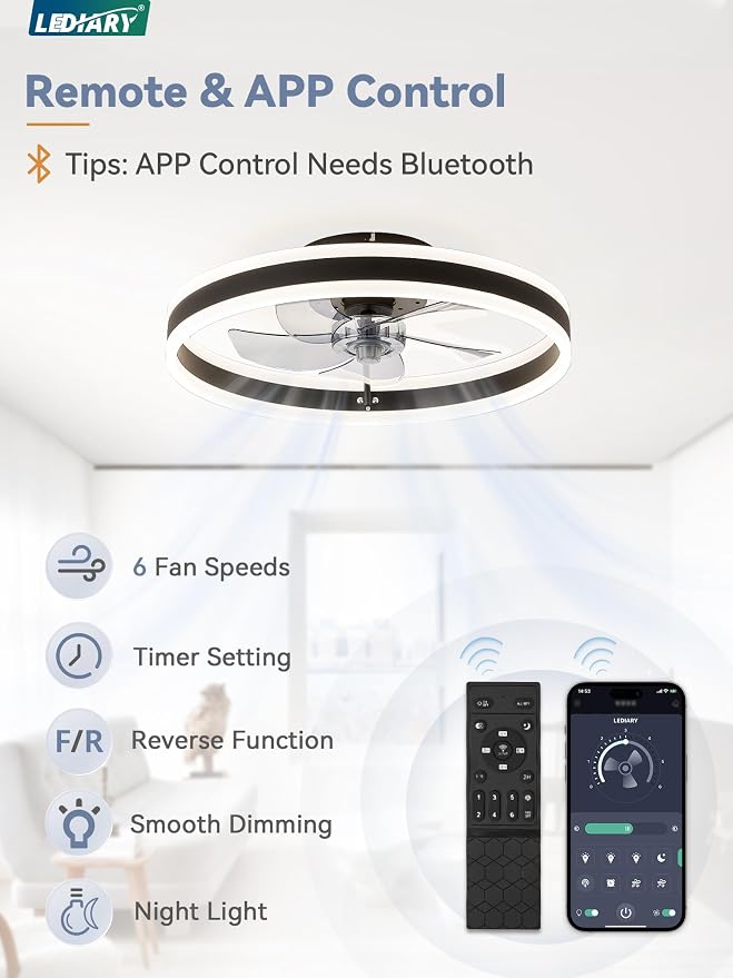 LEDIARY Low Profile Ceiling Fans with Lights, Flush Mount Modern Ceiling Fan and Remote Control, 19.7" LED Ceiling Fans, Stepless Dimmable 3 Colors and 6 Speeds - Black
