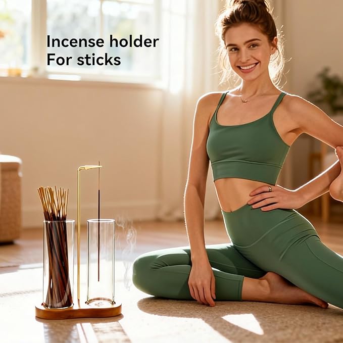 Glass Incense Holder, Black Incense Sticks Burner Holder with Storage,Hang Upside Down Incense Holder for Sticks with Glass Ash Catcher for Meditation Yoga Spa Room Decor