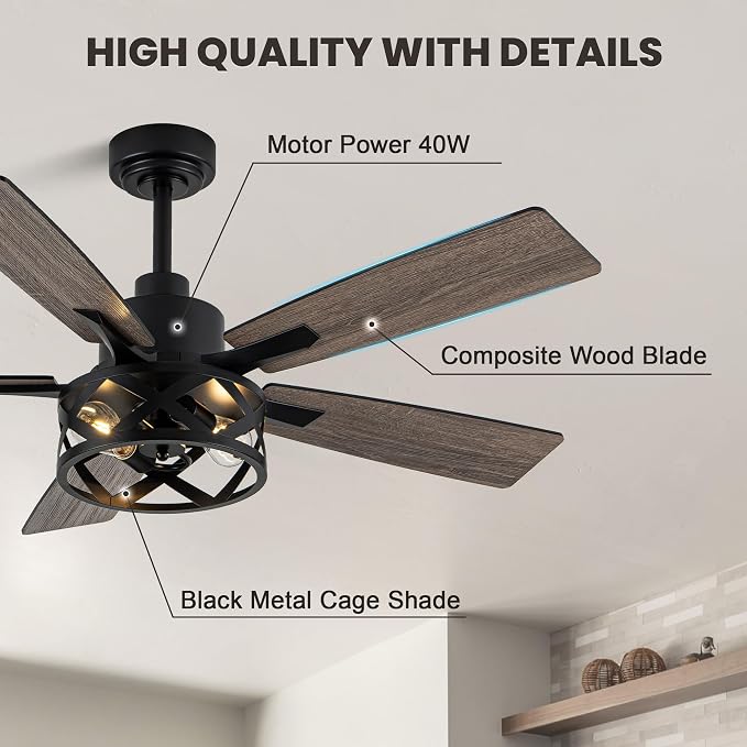 Dawn Whisper 52 Inch Farmhouse Ceiling Fans with Lights and Remote Quiet and Reversible DC Motor Black Industrial Rustic Caged Ceiling Fan for Bedroom Living Room Covered Patio