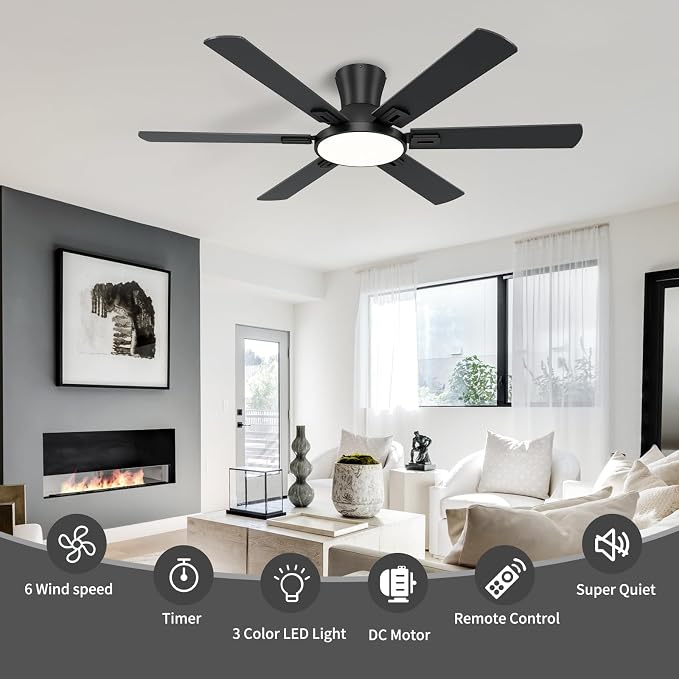 52 Inch Black Ceiling Fan with Lights and Remote, Flush Mount Low Profile 6 Blades with 10 Inch Lighting Fixture, Quiet Reversible DC Motor for Living Room, Bedroom and Patio