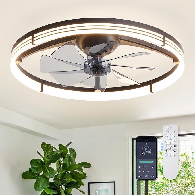 LUDOMIDE 24 Inch Ceiling Fans with Lights and Remote, Modern Low Profile Ceiling Fan, Dimmable LED Light, Quite Reversible DC Motor, 6 Wind Speeds Flush Mount Ceiling Fans for Bedroom Indoor