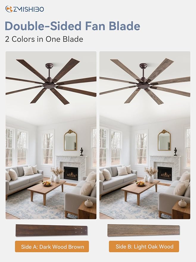 ZMISHIBO 80 Inch Ceiling Fan No Light with Remote Control, 8 Blades Quiet DC Reversible Motor, 6-Speed, Timer, Oil Rubbed Bronze Finish, Indoor Outdoor Ceiling Fans for Patios, Living Room, Garage