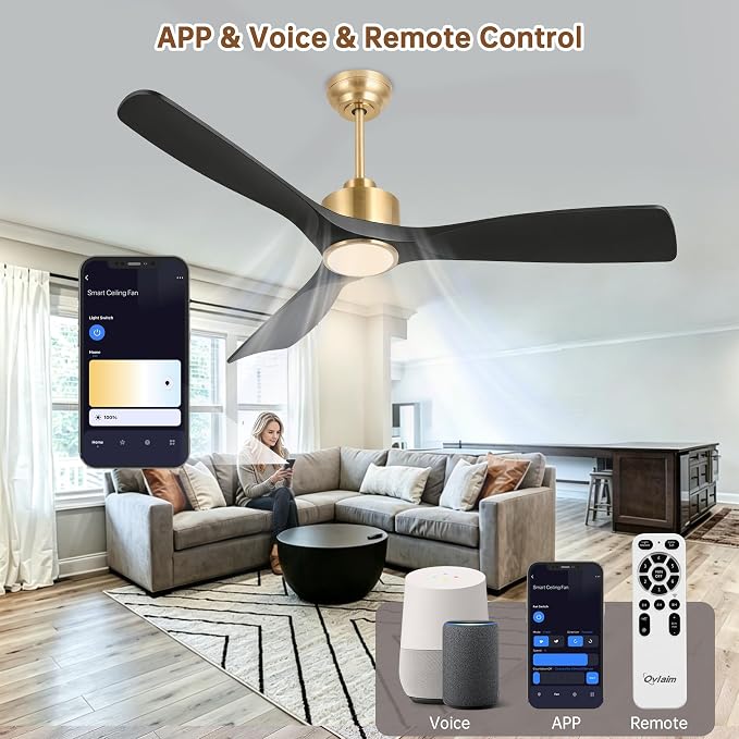 Ovlaim 52 Inch Modern Smart Ceiling Fan with Lights and Remote High CFM | 3 Blade Black Gold Ceiling Fan,ETL Listed Quiet Reversible DC Motor,Dimmable Light & Memory Function,For Bedroom Living Room