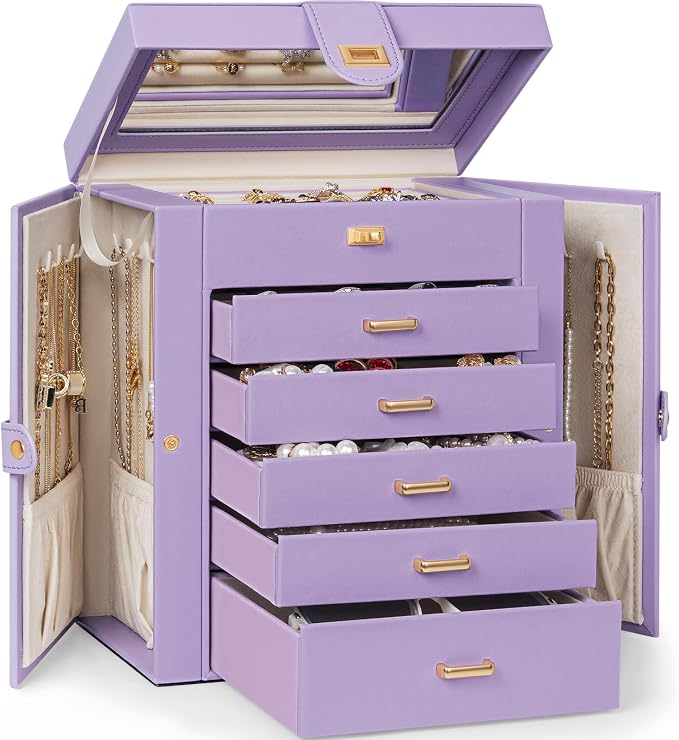 AKOZLIN 6-Tier Jewelry Box Organizer Functional 5 Drawers Leather Jewelry Storage Case for Women Girls Ring Necklace Earring Bracelet Holder Organizer with Mirror Medium Violet