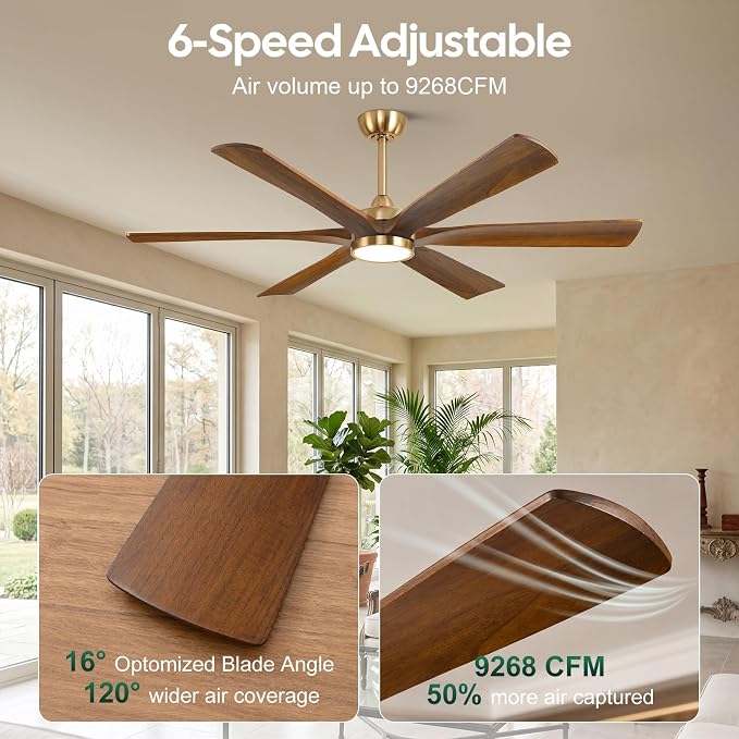 72 Inch Smart Ceiling Fan with Light,6 Solid Wood Blades,Gold Walnut Finish | Smart Voice/App/Remote Control, 9268 High CFM Quiet Reversible DC Motor, Dimmable, ETL Listed, Easy to install, 3 Downrods