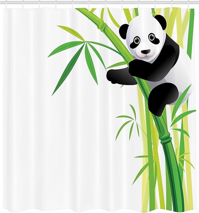 Ambesonne Panda Shower Curtain, Young Panda Hang on Exotic Tree Forest Wild Nature Tropic Themed Cartoon, Cloth Fabric Bathroom Decor Set with Hooks, 69" W x 70" L, White Black and Green