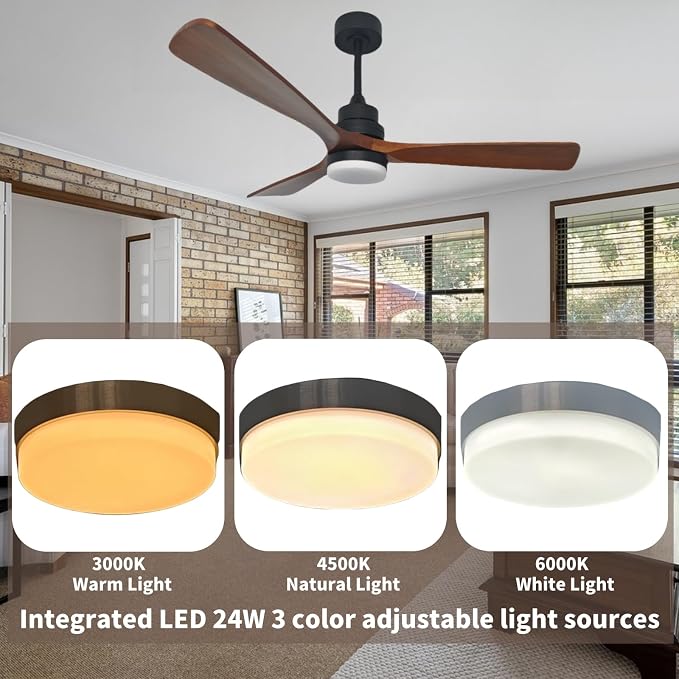 52-inch Ceiling Fan with Light, Remote Control, DC Silent Motor, 3 Solid Wood Blades, LED dimmable and Color-Adjustable, Suitable for Living Rooms, Dining Rooms and bedrooms.(Dark Walnut, 52 inch)