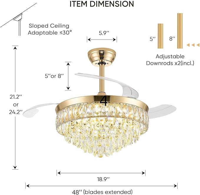 48 Inch Chandelier Ceiling Fan with Lights, Retractable Fan with Remote and APP, Crystal Fandelier Ceiling Fan, Dimmable LED, Reversible Motor, Quiet for Bedroom Living Room-Gold