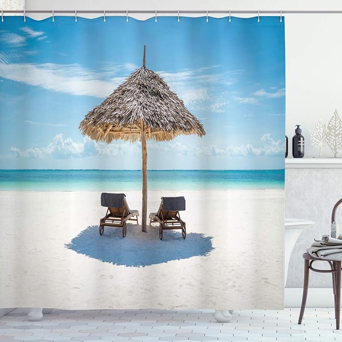 Ambesonne Seaside Shower Curtain, Wooden Sun Loungers Facing Eastern Ocean Under a Thatched Umbrella in Zanzibar, Cloth Fabric Bathroom Decor Set with Hooks, 69" W x 84" L, Turquoise Cream