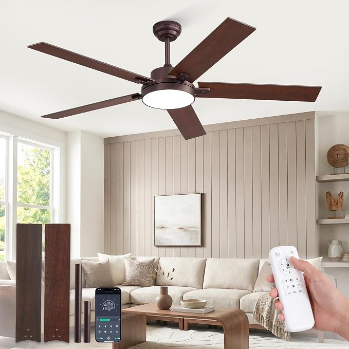 ZMISHIBO 60" Ceiling Fan with Light, 30W LED, Smart Remote/APP, Oil Bronze | Modern Ceiling Fans, 6 Speeds & 3CCT Dimmable, Quiet DC Motor, Noiseless for Living Room, Bedroom, Kitchen