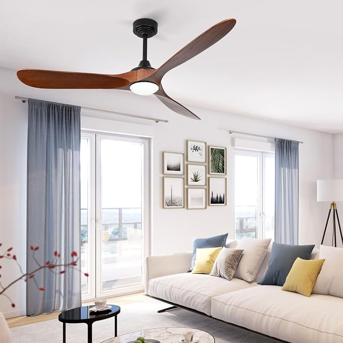 60” Outdoor Ceiling Fan with Light 3 Downrods, Smart Wood Ceiling Fan Compatible with Alexa/Google/App, 3 Blades Modern Walnut Wood Ceiling Fans for Kitchen Living Room Patio