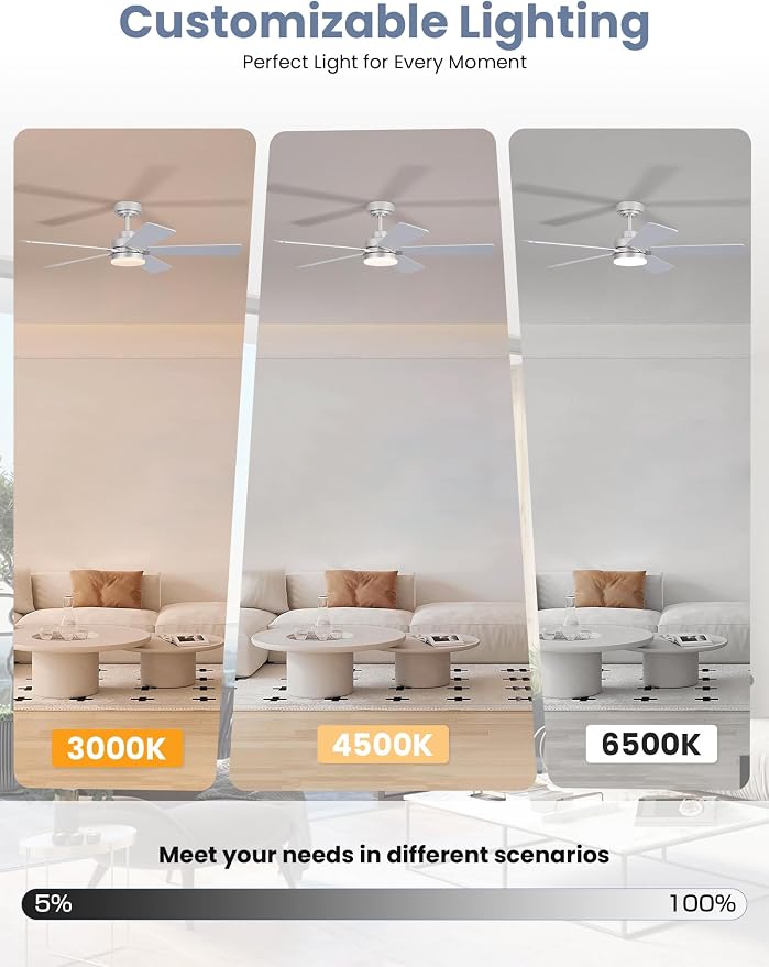 48 Inch Ceiling Fan with Lights and Remote, Downrod Mount, Sloped Ceiling Compatible up to 15°, Quiet Reversible DC Motor, 3CCT Dimmable LED, Nickel Ceiling Fan for Bedroom Living Room