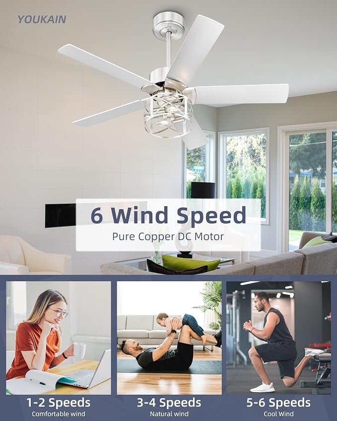 YOUKAIN 42 Inch Ceiling Fans, Farmhouse Ceiling Fans with Lights and Remote, 5-Reversible Blades with Gray Oak/Brushed Nickel Finish, 42-YJ632-BNW