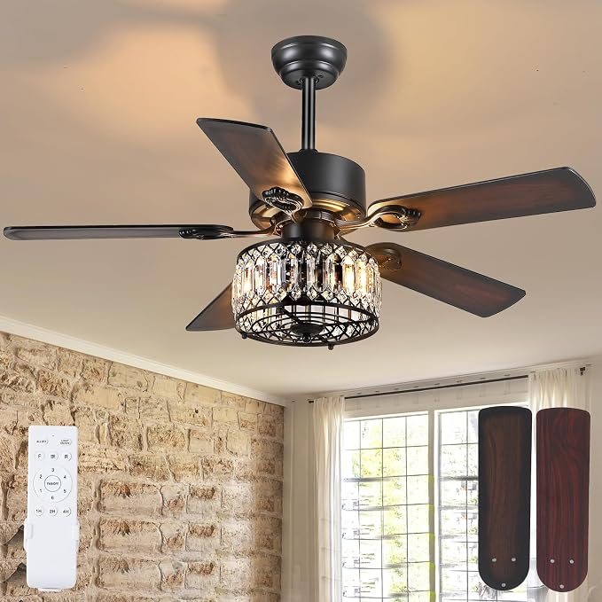 Kviflon Farmhouse Crystal Ceiling Fans with Lights and Remote, 48 Inch Chandelier Ceiling Fans, Black Fandelier Ceiling Fan for Bedroom Living Room, Quiet DC Motor, Reversible, Bulb not Included