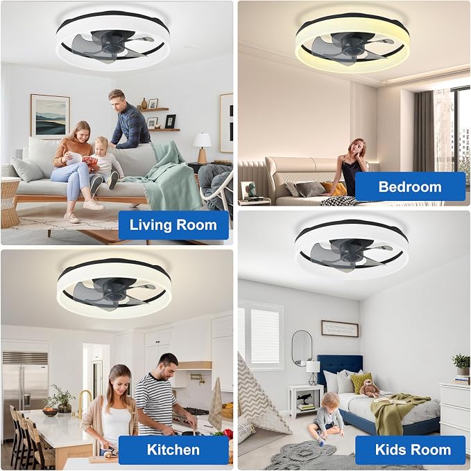 DLLT LED Ceiling Fan with Light: 16" Modern Low Profile Flush Mount Fandelier with App & Remote Control - Dimmable Black Bladeless Fan Light Fixture for Bedroom Kids Room Living Room