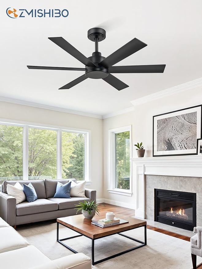 ZMISHIBO 42 Inch Black Ceiling Fan Without Light, Bedroom Ceiling Fan No Light, 6 Blades, Quiet Reversible DC Motor, 6-Speeds, Small Ceiling Fan for Bedroom, Living Room, Patio, Indoor/Outdoor Use