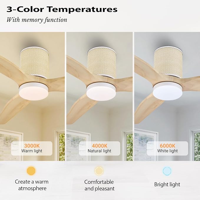 LEDLUX 52" Ceiling Fan with Light - Low Profile Flush Mount Ceiling Fan, 6-Speed Remote Control, Solid Wood, Quiet Reversible DC Motor, Boho Style, for Bedroom, Living Room, Porch, Light Oak/White