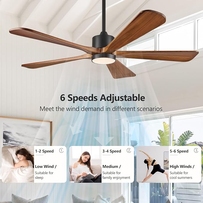 52 Inch Ceiling Fan with Lights and DC Motor by Remote Control,5 Reversible Solid Wood Blades,6-Speed Noiseless DC Motor, Modern Ceiling Fan for Indoor Bedroom Living Room Outdoor Patios