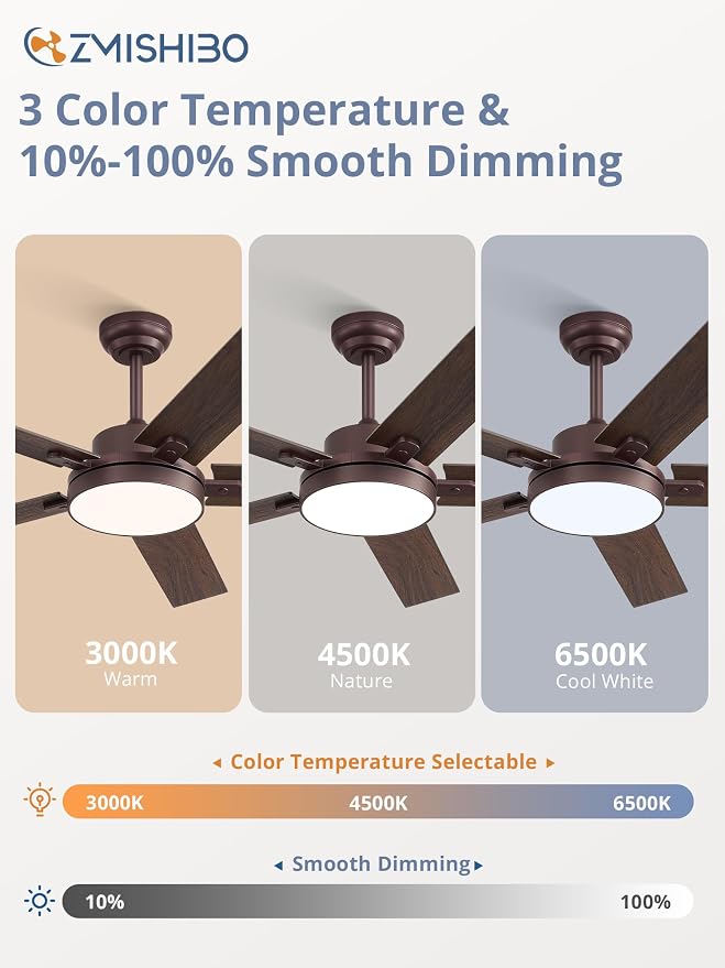 ZMISHIBO 52" Ceiling Fans with Lights, Smart Remote/APP Control, Farmhouse Ceiling Fan with 6 Speeds & 3CCT, Dimmable 30W LED, Quiet DC Motor, Noiseless for Living Room, Bedroom, Kitchen, Oil Bronze