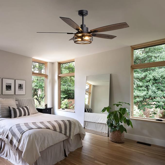 52 Inch Farmhouse Ceiling Fan with Lights and Remote, Dual Finish 5 Blades, 6-Speed Adjustable, Quiet & Reversible DC Motor, Rustic Caged Ceiling Fan for Bedroom Living Room Outdoor Covered Patio