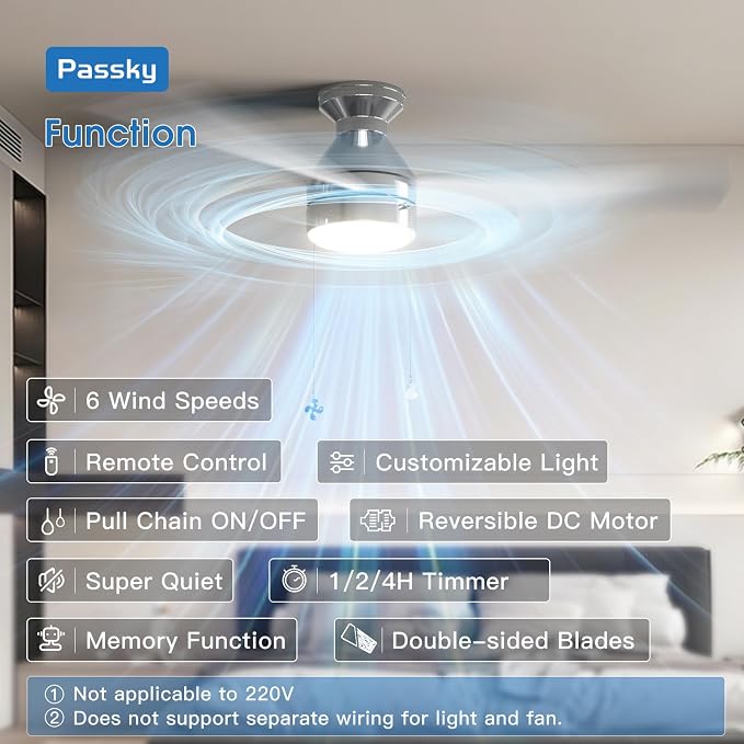 Passky Ceiling Fans with Lights, 52 inch Low Profile Ceiling Fan with Pull Chain and Remote Control, Flush Mount, Reversible, 5CCT, Dimmable, Noiseless, Nickel Pull Cord Ceiling Fan for Bedroom