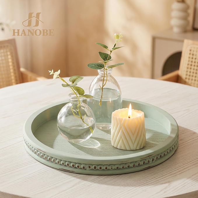 Hanobe Sage Green Decor Tray, Beaded Edge & Distressed Finish | 10.4" round wood tray for candle display, for coffee table centerpiece, living room, bedroom, kitchen.