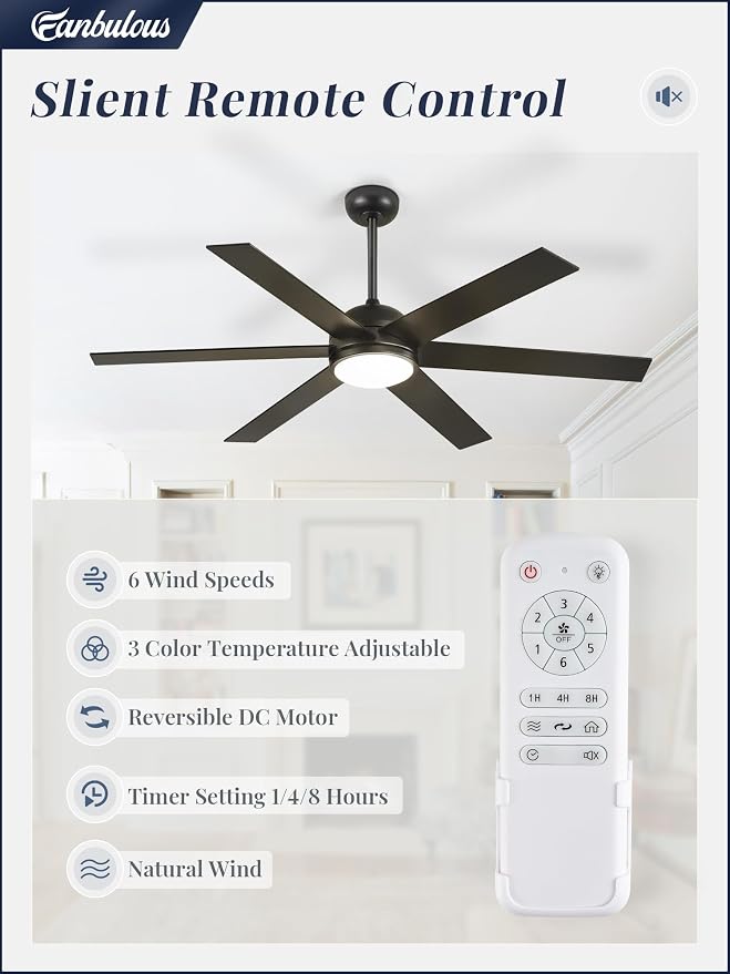 58 Inch Ceiling Fans with Lights and Remote, Black Indoor/Outdoor Ceiling Fan with Quiet Reversible DC Motor, 6 Speeds, 3CCT, 6 Blades Large Ceiling Fan for Living Room Bedroom Patio
