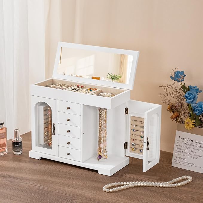 Miratino Jewelry Box for Women Girls, Wooden Jewelry Organizer Box with Mirror, 5 Layer Jewelry Storage Case Display for Necklaces Earrings Rings Bracelets Valentine's Day Gifts