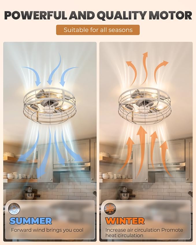 16 Inch Caged Ceiling Fan with Light, Farmhouse Round Flush Mount Fan Lights Ceiling Fixtures, Need Assembly, E26 Base 6 Speeds Reversible Motor Bladeless Ceiling Fans for Bedroom, Living Room, Silver